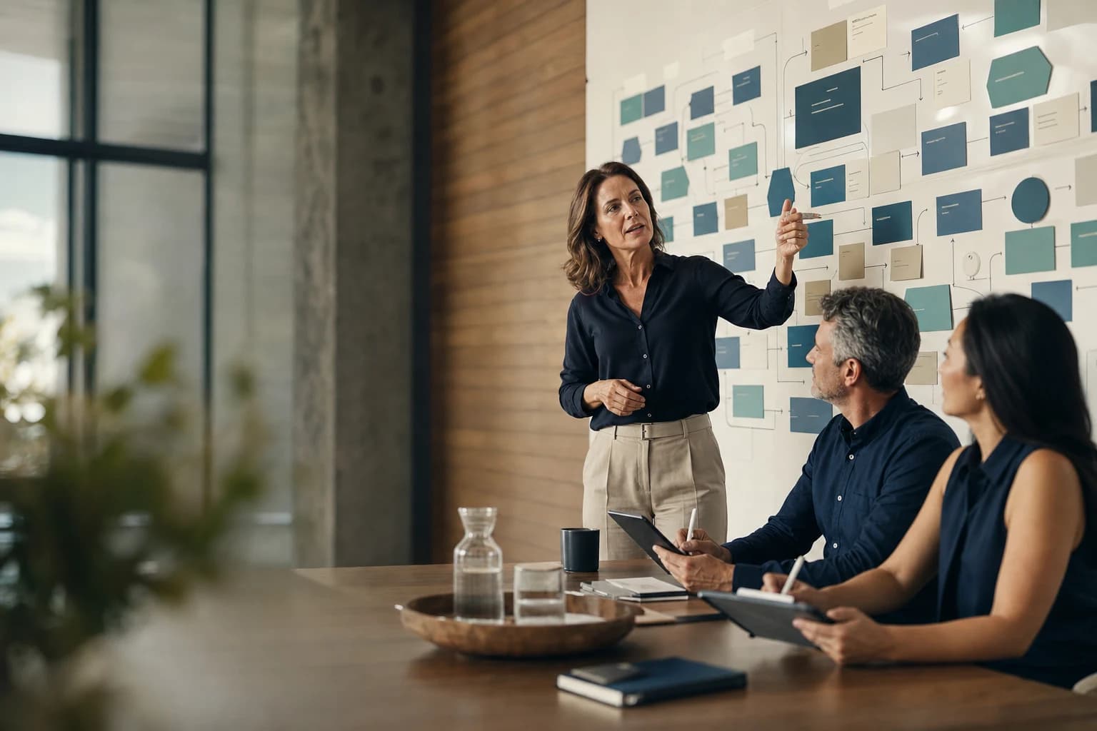 Senior consultant leading an AI strategy workshop in front of a wall of roadmap visuals in a Sydney boardroom